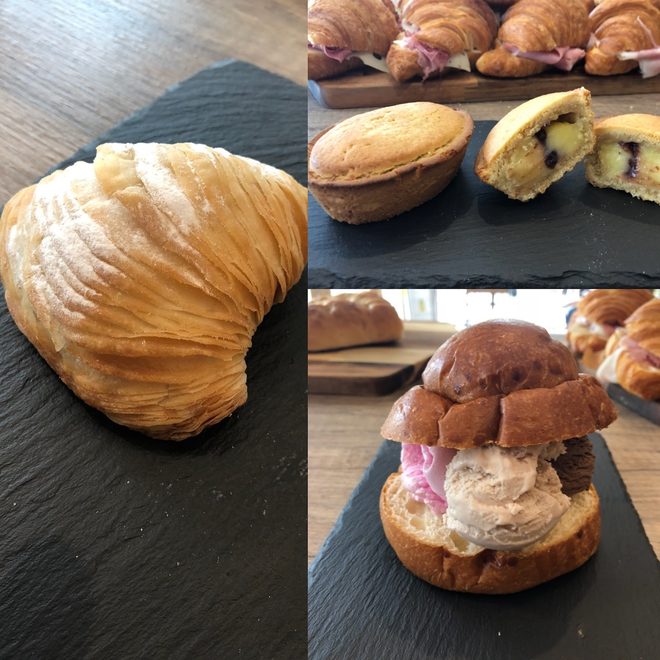 A brioche filled with gelato on slate