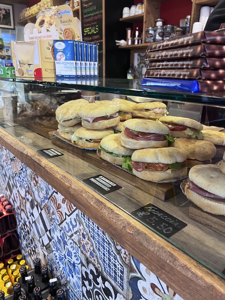 Filled ciabatta and focaccia sandwiches in the chilled counter